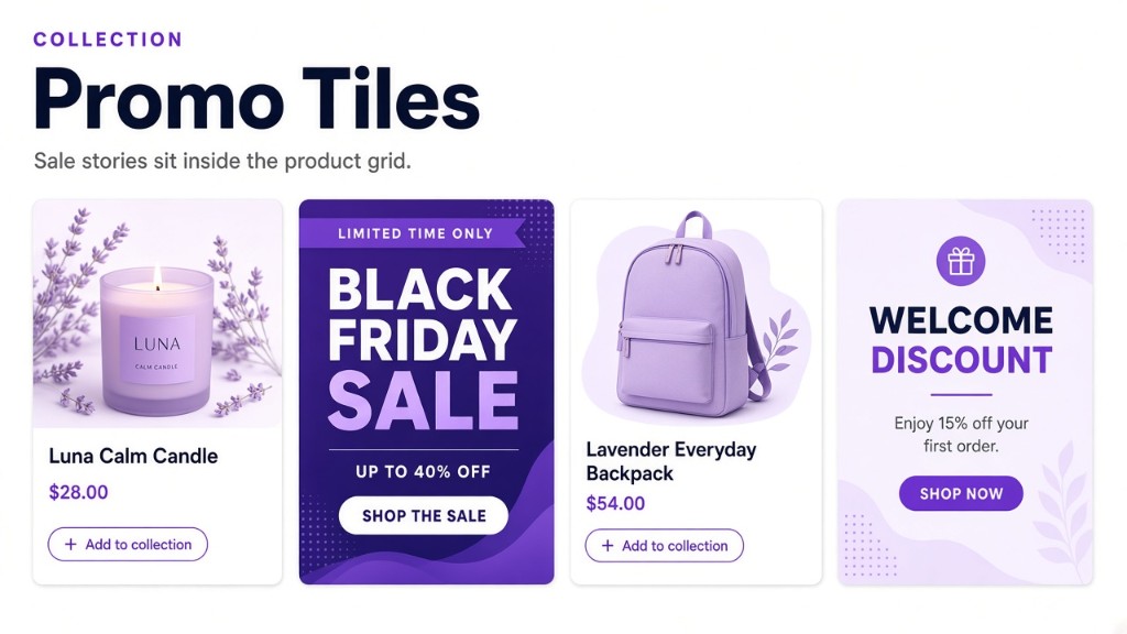 Collection grid with a candle, a Black Friday sale banner, a backpack, and a welcome discount tile