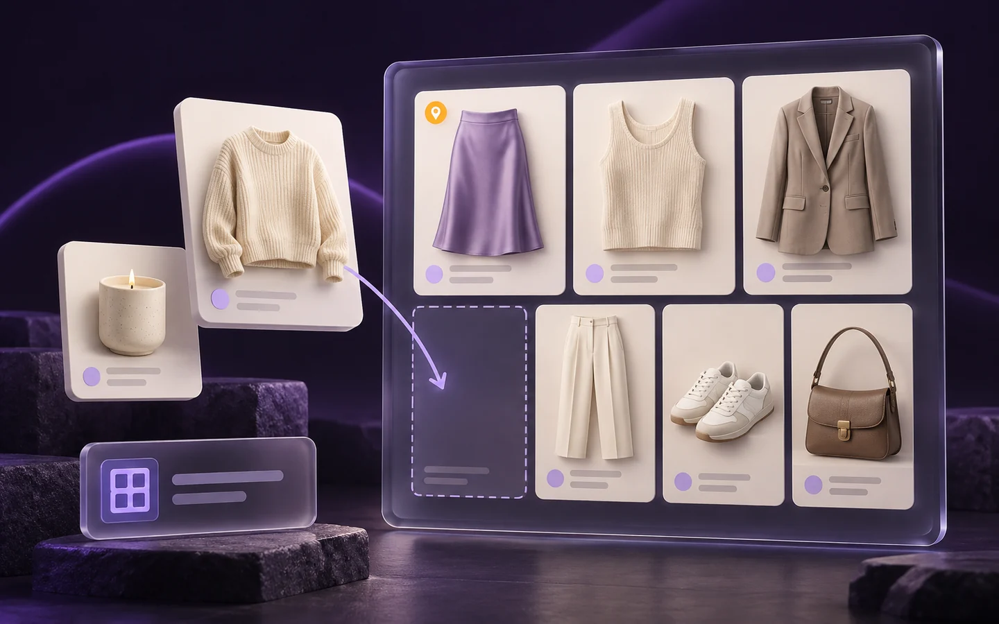 Product cards arranged into a curated collection with a pinned featured item