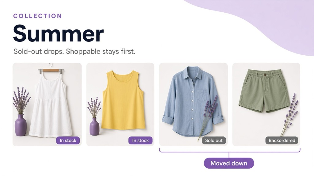 Summer collection with in-stock products first and sold-out and backordered products moved down