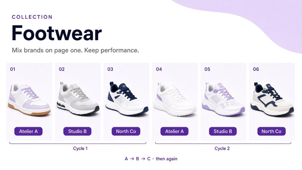 Footwear collection with products from Atelier A, Studio B, and North Co interleaved across the first six positions