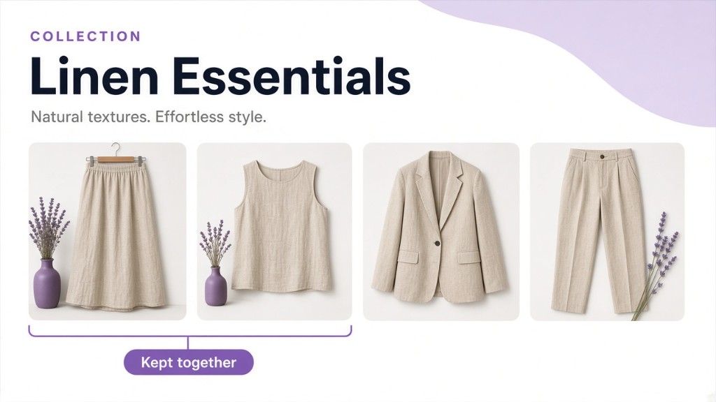 Linen Essentials collection with a coordinated outfit kept together as a product group