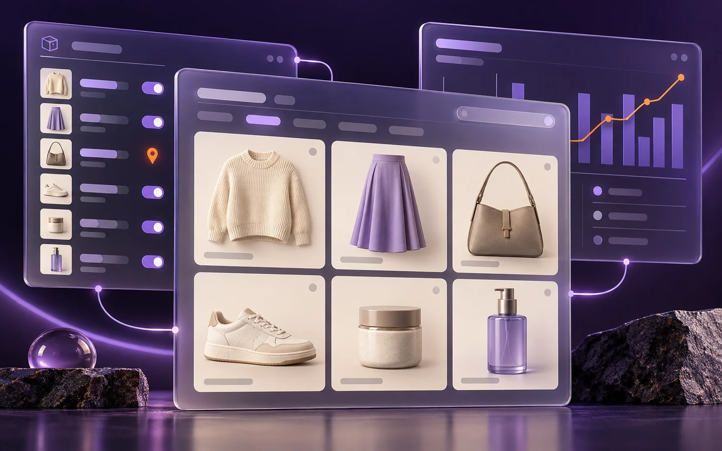 Layered collection, inventory, and analytics panels revealing how merchandising works