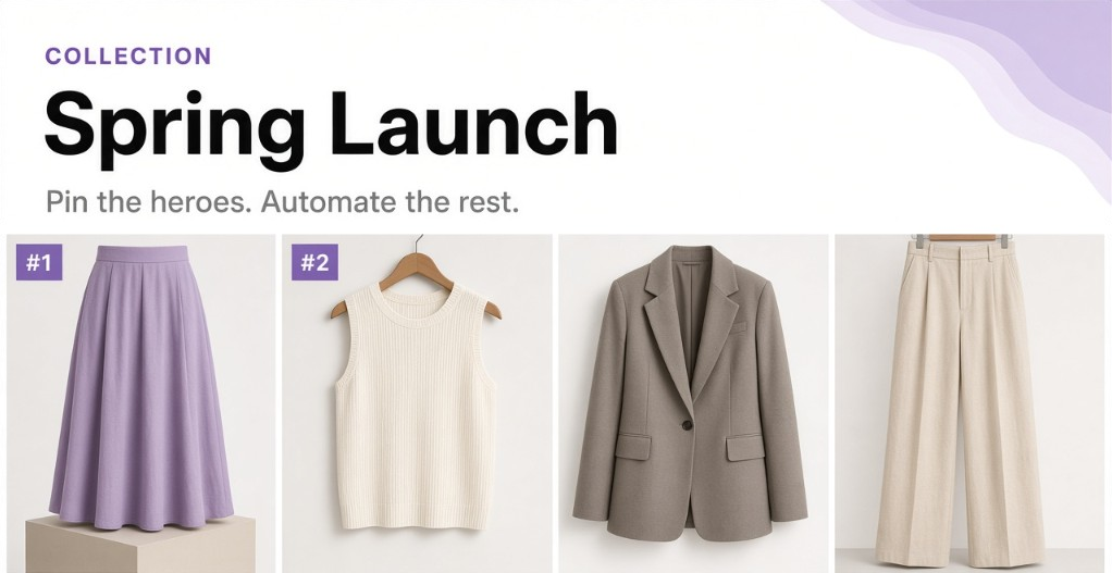 Spring Launch collection with a skirt and top pinned to the first two product positions